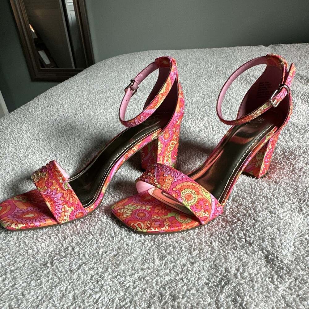 Chelsea Moreland Gala Women's‎ Pink Floral Ankle Strap Heels Open Toe Size 8.5 - Picture 8 of 9